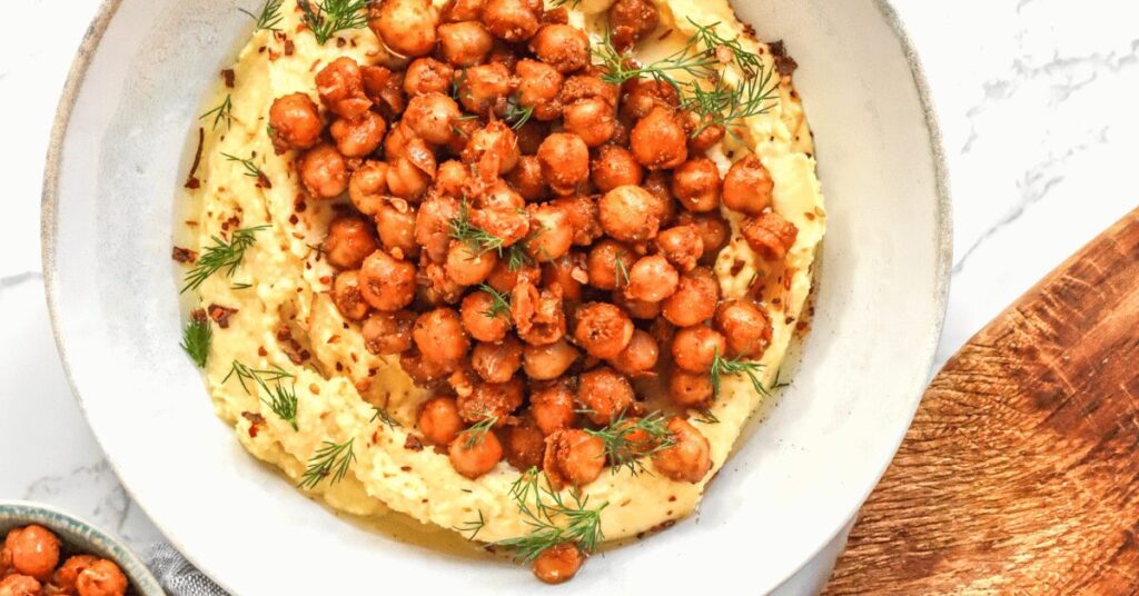 Roasted Onion Hummus with Spicy Chickpeas
